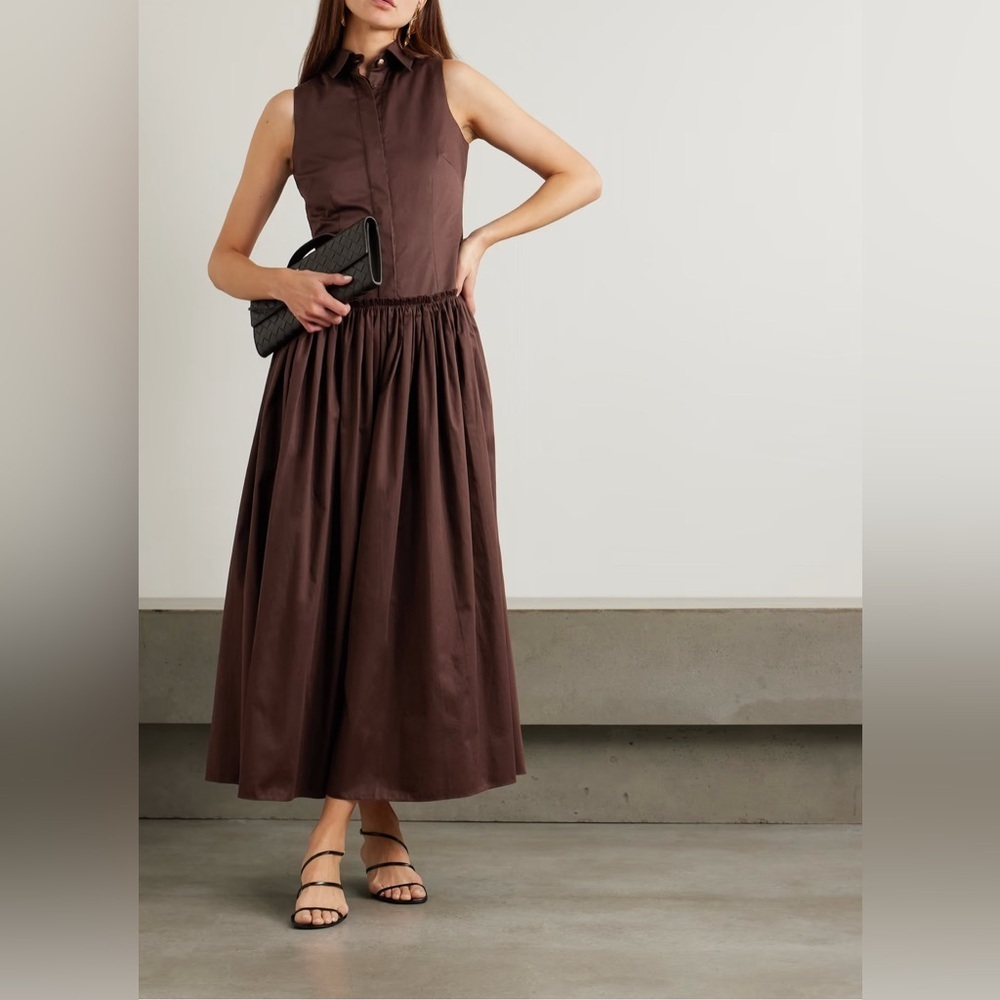 ABADIA Sama Gathered Cotton-Poplin Maxi Shirt Dress in Brown Size 4 Retail $850